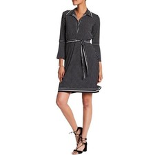 T9 Y2K VTG MAX STUDIO Black White Polka Dot Belted Shirt Dress Flare Sleeve XS