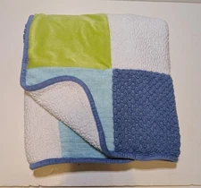 Parents Choice Blue Yellow White Patchwork Square Baby Blanket Sherpa EUC