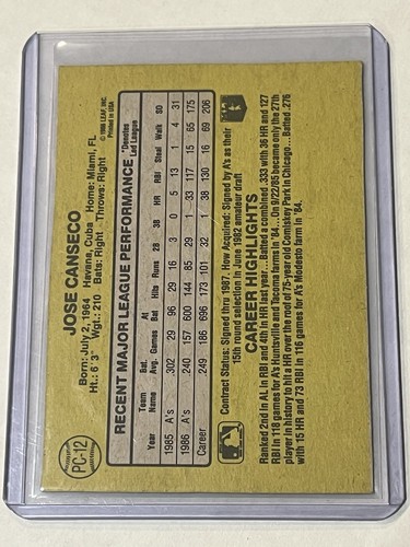1987 Donruss #PC-12 JOSE CANSECO Box Bottom Rookie RC Handcut Athletics NM - Picture 2 of 2