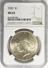 1925 $1 Peace Silver One Dollar US NGC MS63 Philadelphia
