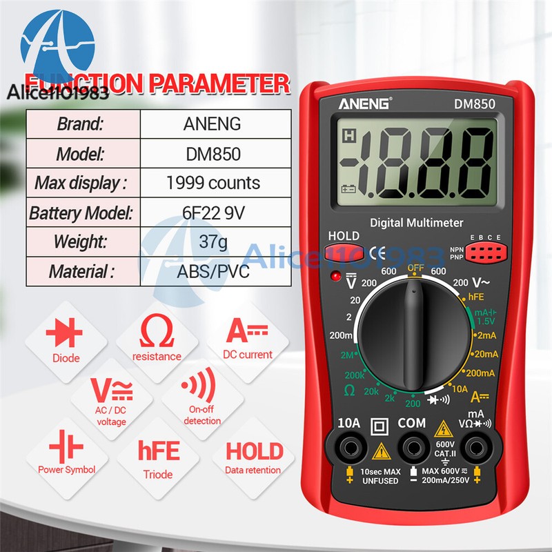 DM850 Digital Multimeter AC/DC 600V Voltmeter Ammeter Resistance Meter 1999count