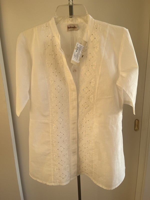 NWT Fabindia White Hand Embroidered Chikan Button Front Cotton Short Sleeve Med
