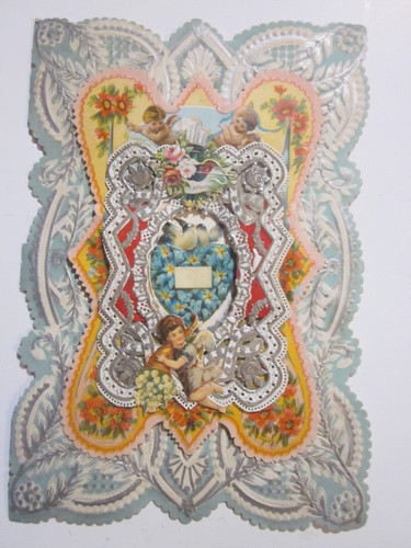 ANTIQUE VICTORIAN ROMANTIC DIE CUT GREETING CARD BIRDS FLORAL & CHERUBS DESIGN