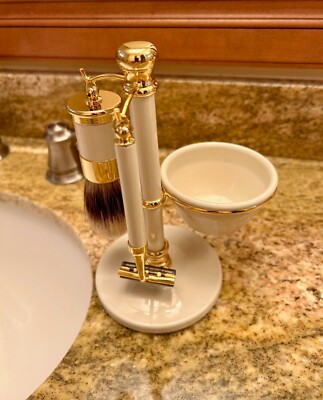 White Shaving Kit Set 24 Kt Gold Plated - NEW - Made In Spain