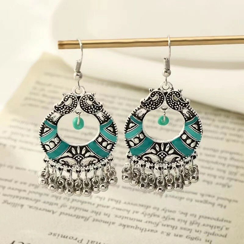 Women Retro Bohemian Tassel Earrings Hollow Beads Bell Ancient Silver Studs 0438 - Image 3 of 4
