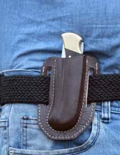 CUSTOM HANDMADE LEATHER GENIUNE VERTICAL SHEATH FOLDING POCKET KNIFE BUCK 110