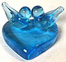 Vintage 1992 Ron Ray Paperweight Signed Blue Glass Heart Bluebirds Of Happiness