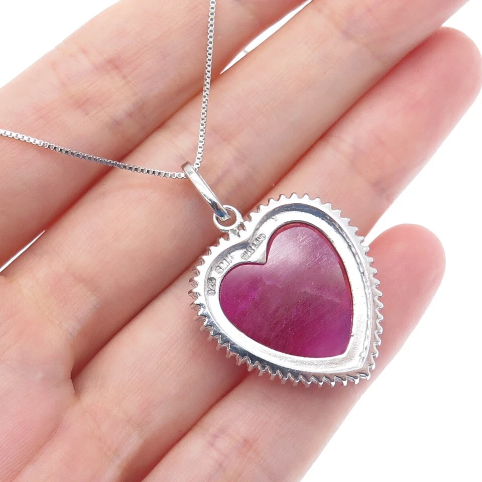 925 Sterling Silver Real Round-Cut Diamond & Ruby Heart Box Chain Necklace 18" - Image 2 of 4