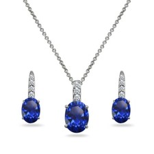 Oval Künstlicher Blauer Saphir 925 Silber Anhänger Kette & Brisuren Ohrringe Set
