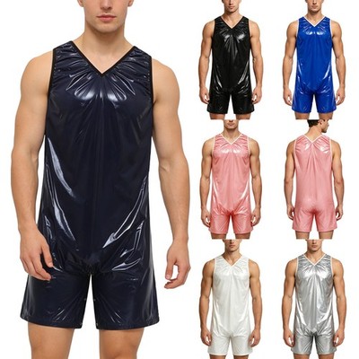 Men Incontinence Leotard Buttoned Crotch Jumpsuit Diaper Coveralls Nightwear