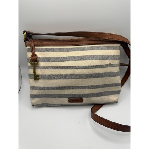 Vintage Fossil Crossbody Bag Womens Small Blue White Striped Leather Trim