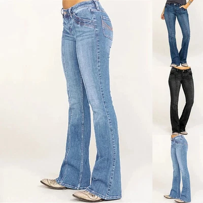 Damen Bootcut Jeans Hose Hüftjeans Schlaghose Flared Weites Bein Denim Übergröße - Bild 1 von 4