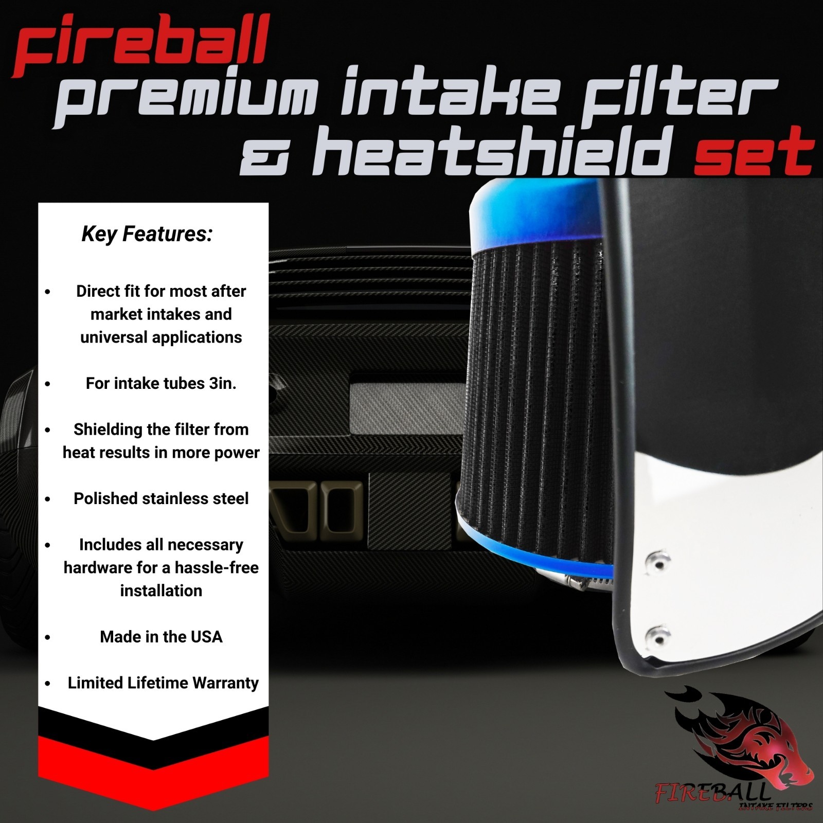 Reusable Cold Air Intake Filter and Heat Shield Kit Universal for Aston Martin