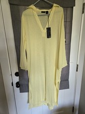 Tahari Maxi Shirt Dress NWT L YELLOW Linen Blend Pockets Side Slit Collared