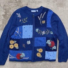 Vintage Croft & barrow Blue floral zip up sweater XL