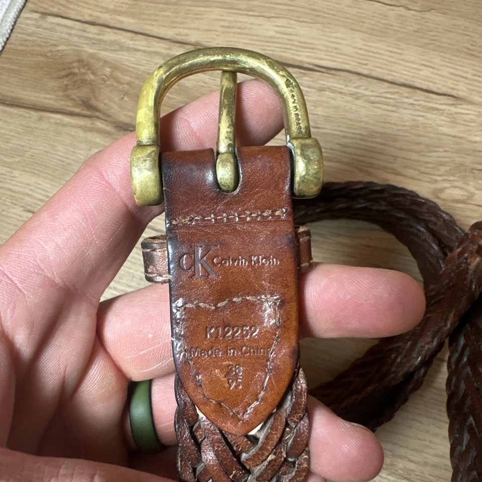 Cinturón de hombre vintage CALVIN KLEIN de cuero marrón trenzado 38 usado en excelente estado K8 Foto 2 de 4