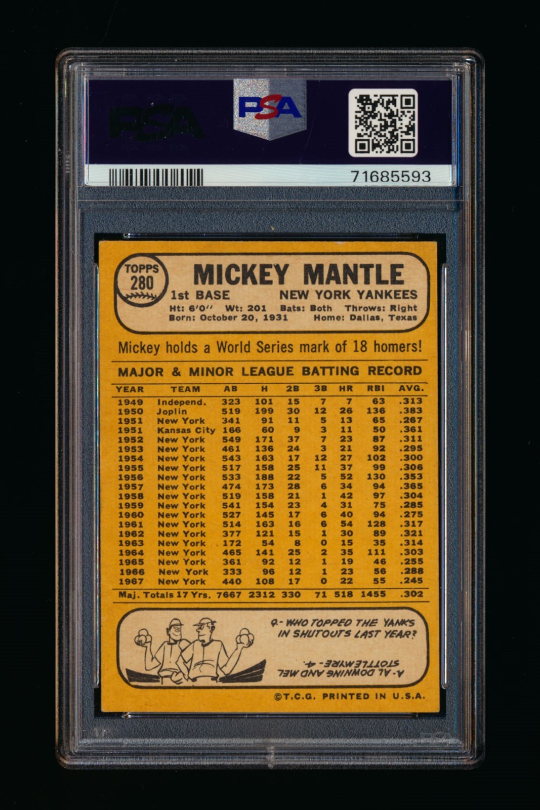 1968 Topps #280 Mickey Mantle New York Yankees PSA 6 EXMT *5593 view 2