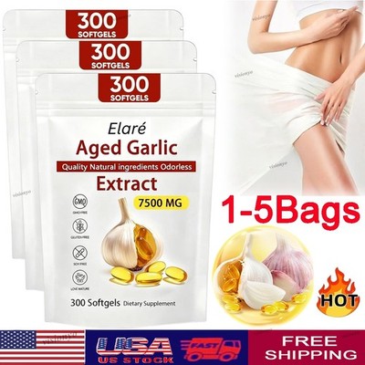 1-5X Elare Aged Garlic Extract, 300 Softgels, 7500mg Odorless | Heart & Immune