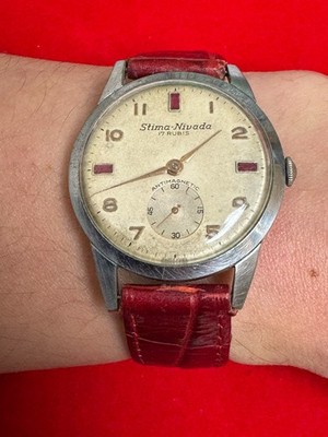 Vintage Stima Nivada 17 Jewels Swiss Watch Rare Ruby Dial Markers Manual Winds