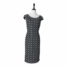 David Meister Black White Geometric Chain Sheath Dress Cap Sleeve Size 8
