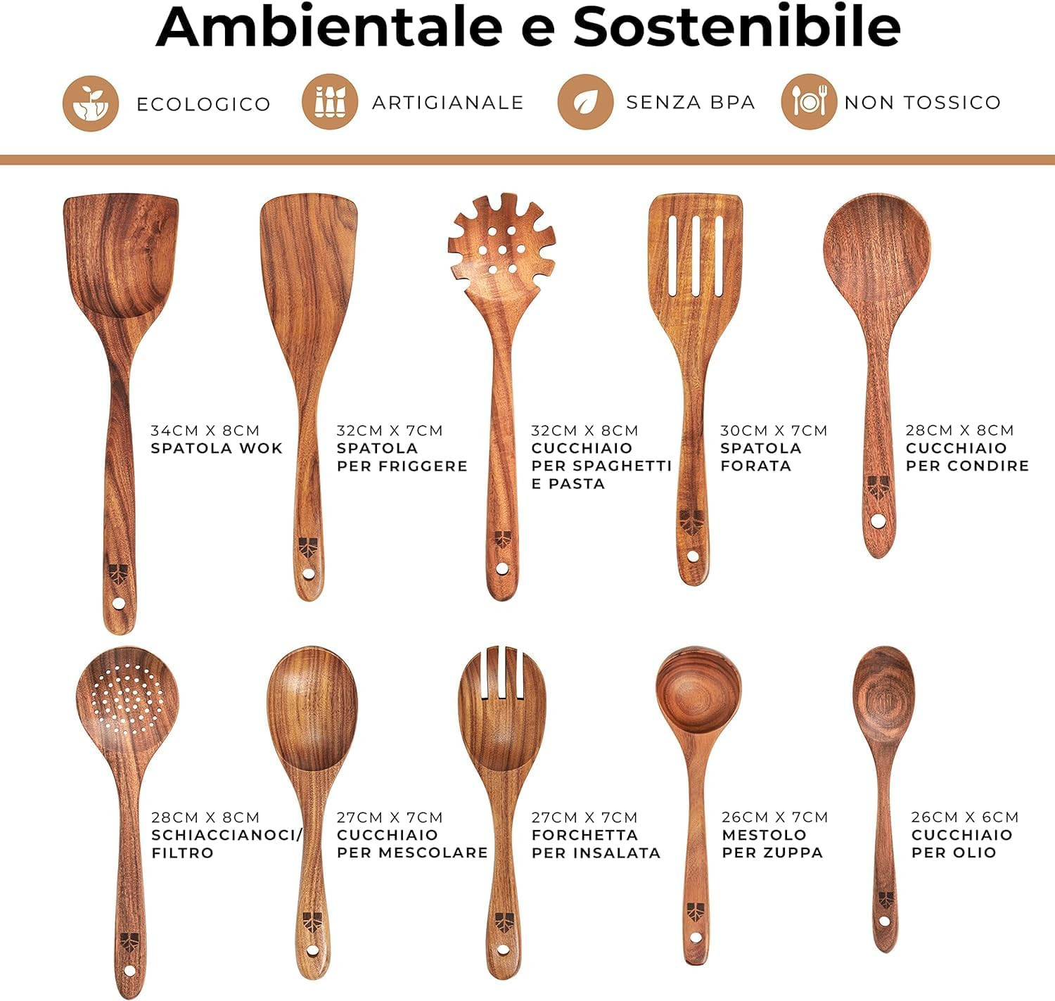 Set Di Cucchiai Da Cucina In Legno Di Teak 9 Pezzi Con Supporto - Utensili Da Cucina Naturali, Antigraffio - 3