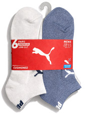 PUMA SOCKS MEN'S - LOW CUT - SOLID 253 - WHITE BLUE - LARGE 10-13 PACK 6 XX