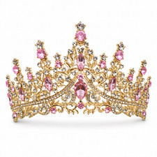 Pink Crystal Rhinestone Tiara Gold Toned Bridal Prom Pagent Quince Crown