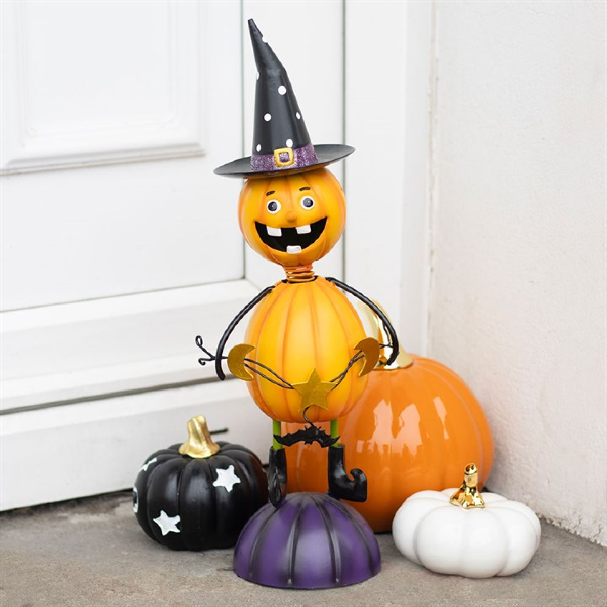 Orange Metal Pumpkin Man Halloween Ornament with Witch Hat