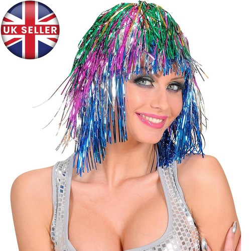 Multi-Coloured Disco Party Tinsel Wig 70s 80s Fancy Dress Costume Accessories - Afbeelding 1 van 2