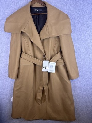 Zara Manteco Trench Coat Women's XL Camel Wool Blend Belted Wrap Collar Flap NWT