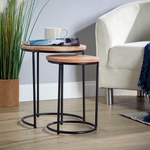 Nest 2 Tables Round Acacia Wood Tables Iron Legs Home Furniture Seconds - Picture 3 of 6