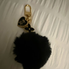Women  s Black Faux Fur Pom Pom Key Chain, Gold Tone Heart  Flower Charms