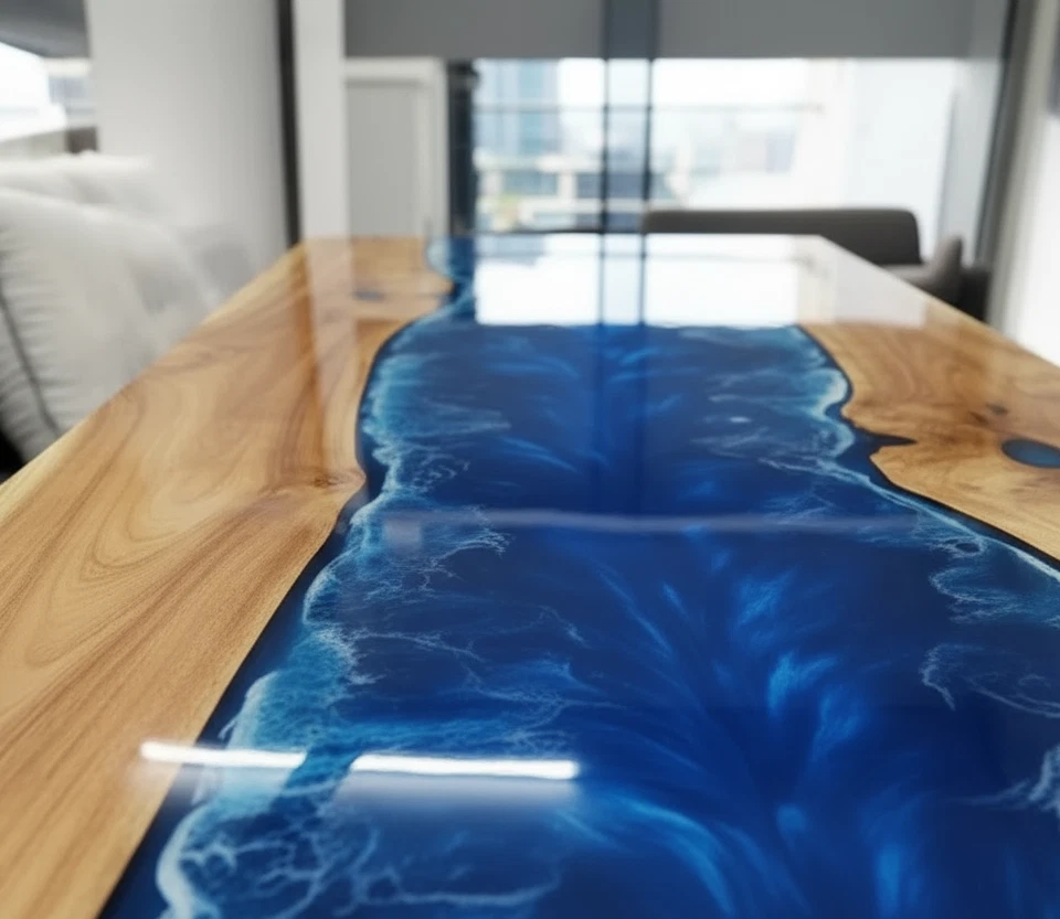 Handmade Blue River Epoxy Table Top Live Edge Wood Resin Dining/Coffee Table Top - Image 3 of 4