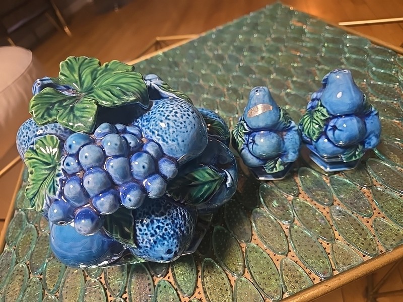 Vintage INARCO Mood Indigo Fruit MCM Salt/Pepper Shakers and Cookie Jar 