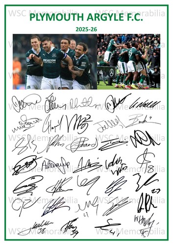 11802. Plymouth Argyle Signed Team Sheets (A4 Prints) CHOOSE A SEASON 2022-26