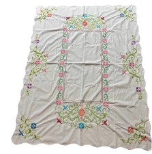 VTG Scalloped Edge Tablecloth Hand Stitched C...