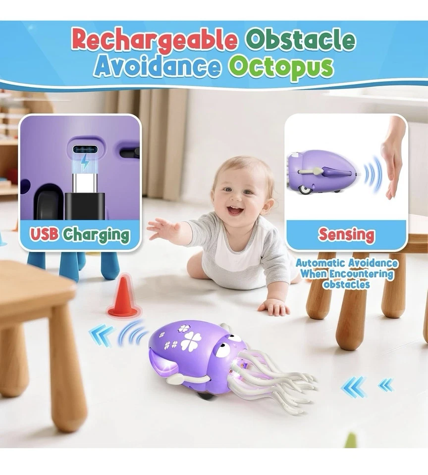 Dancing Octopus Baby Toy – Electric Crawling Octopus with Music & Lights, Purple - Image 3 of 4