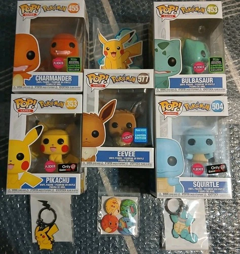 Funko Pop Pokémon Flocked Exclusives x5 Charmander Squirtle Pikachu Bulba Eevee