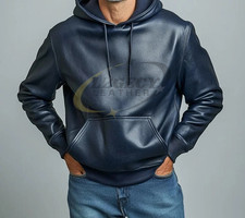 Men's Leather Blue Hoodie In Genuine Leather Handmade Premium Hoodie
