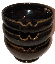 3 Spears  Artisan Art ￼Pottery Drip Glaze Brown Chopstick Noodle Bowls Fun