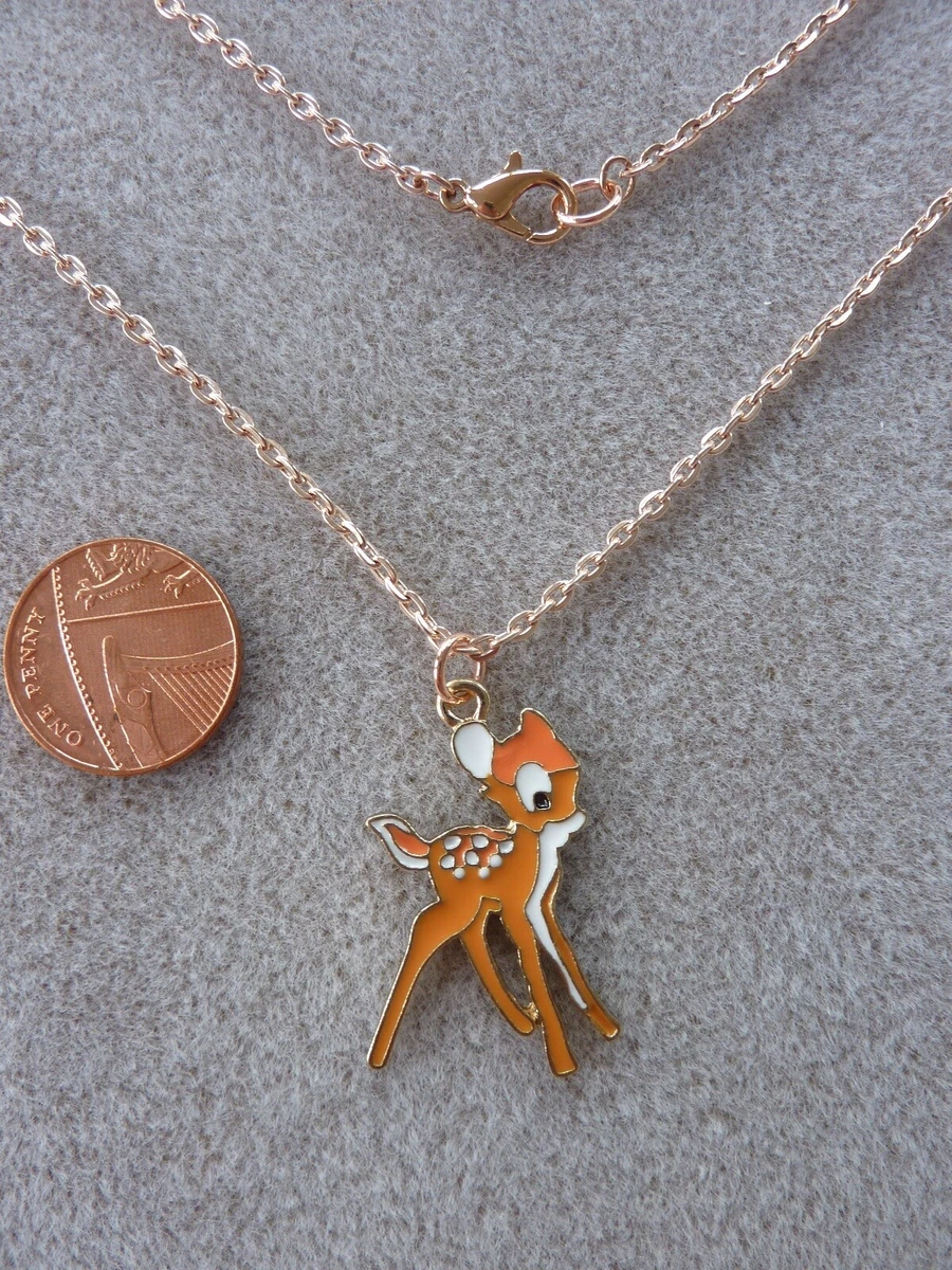 Bambi Fawn Enamel Charm Pendant Rose Gold Chain Necklace 18