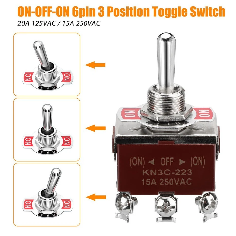 3X 3 Position 6Pin Toggle Switch Heavy Duty 20A 125V/15A 250V DPDT (ON)-OFF-(ON) - Image 2 of 4
