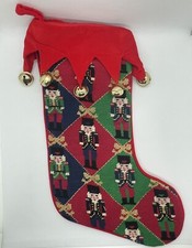 Vintage Christmas Stocking Nutcracker Needlepoint with Jingle Bells Velvet Wool