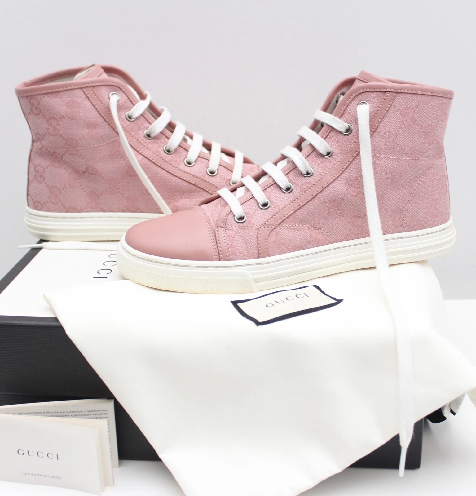 Baskets montantes femme GUCCI GG toile cuir rose 37,5 US7,5 fabriquées en ITALIE