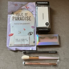 Set of 6 health and beauty items: tanning glove, pedicure stone makeup brushes