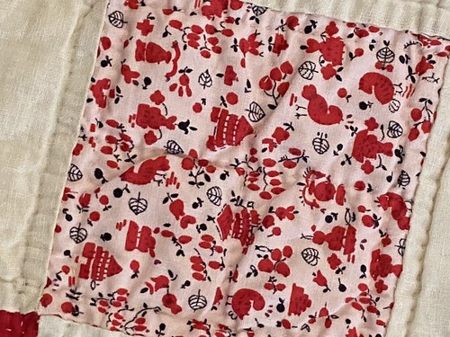 Fantastica Trapunta Vintage Blocco Nove Patch Cucita a Mano Casale Rosa Rosso 77" x 89" - Foto 9 di 21
