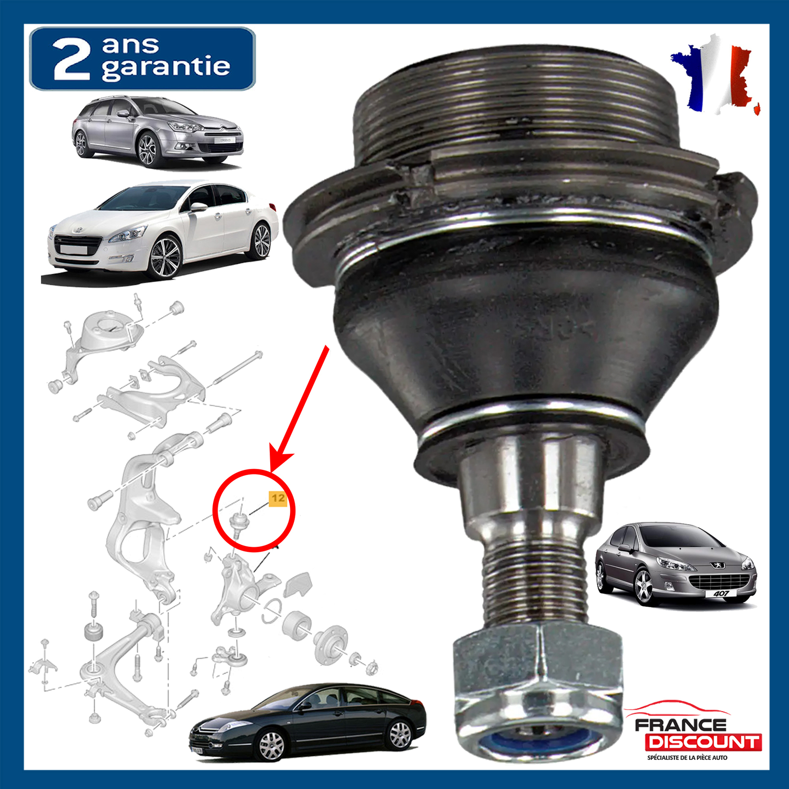 Rotule de pivot supérieure avant gauche ou droit pour Peugeot 407 508 et Citroën C5 C6
