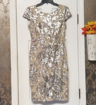 calvin klein sequin cowl back dress CALVIN KLEIN WOMEN'S FLORAL SEQUINED NUDE COCKTAIL DRESS COWL BACK SIZE 6  NWOT