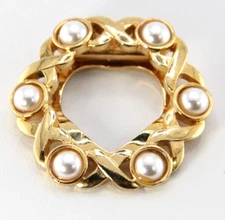 Made in England XO Scarf Clip, Vintage Gold Tone Metal, Faux Pearls Inserts, 80s