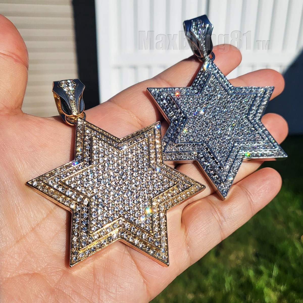 CUBIC ZIRCONIA LARGE STAR OF DAVID ICED GOLD PLATED FASHION BLING CHARM  PENDANT